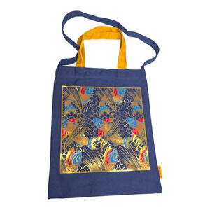 Chinese Theme Blue & Gold‎ Foil Koi Fish Canvas Tote Shopping Bag 16in x 12in